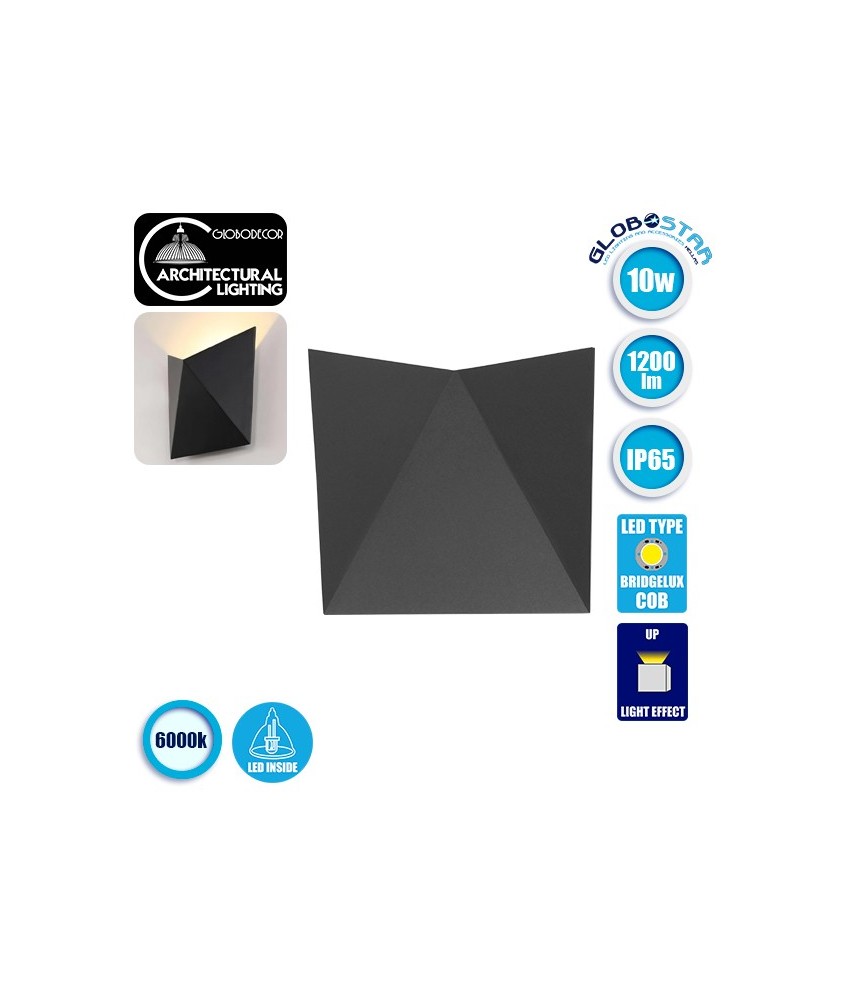 GLOBOSTAR® STEALTH 96509 Μοντέρνο Φωτιστικό Τοίχου - Απλίκα LED 10W 1200lm 60° AC 220-240V Αδιάβροχο IP65 Ψυχρό Λευκό 6000K - Bridgelux COB Chip & TÜV SÜD Driver - Γκρι Ανθρακί Ματ - Μ17 x Π7.5 x Υ17cm - 5 Χρόνια Εγγύηση